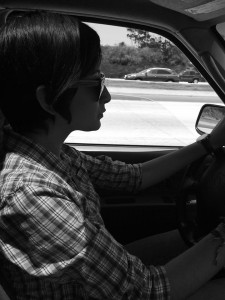 Rosemary driving for the first time on the freeway.