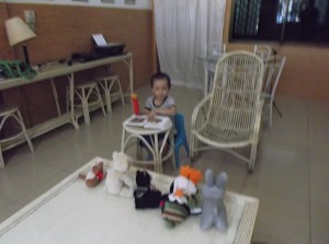 Benjamin practices teaching his Bible stories to his stuffed animals.  His pet cat "Stripey" wasn't a good Bible student.
