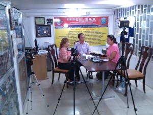 Mrs. Lyna Tan, Mr. Meas Savong, and Mrs. Samoeun Intal filming The Bible: God's Instructions for Life video.  